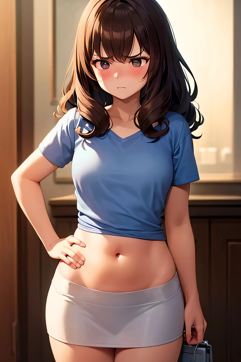 super fine illustration, vibrant colors, masterpiece, sharp focus, best quality, depth of field, cinematic lighting, ultra detailed, blush, annoyed, belly button, hips, 1girl, looking down, t shirt, short sleeves, white skirt, long curly hair, dark brown hair, purse, mature woman, small breasts,