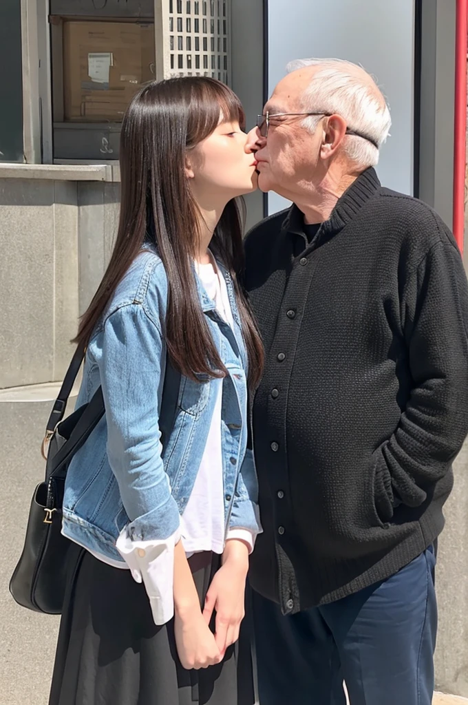 Just two persons A 70-year-old man and his 20-year-old daughter my daughter looks as young and cute as a 15-year-old idol. my daughter is short, About 155cm. Kissing a 70 year old man my daughter'Small breasts Cleavage