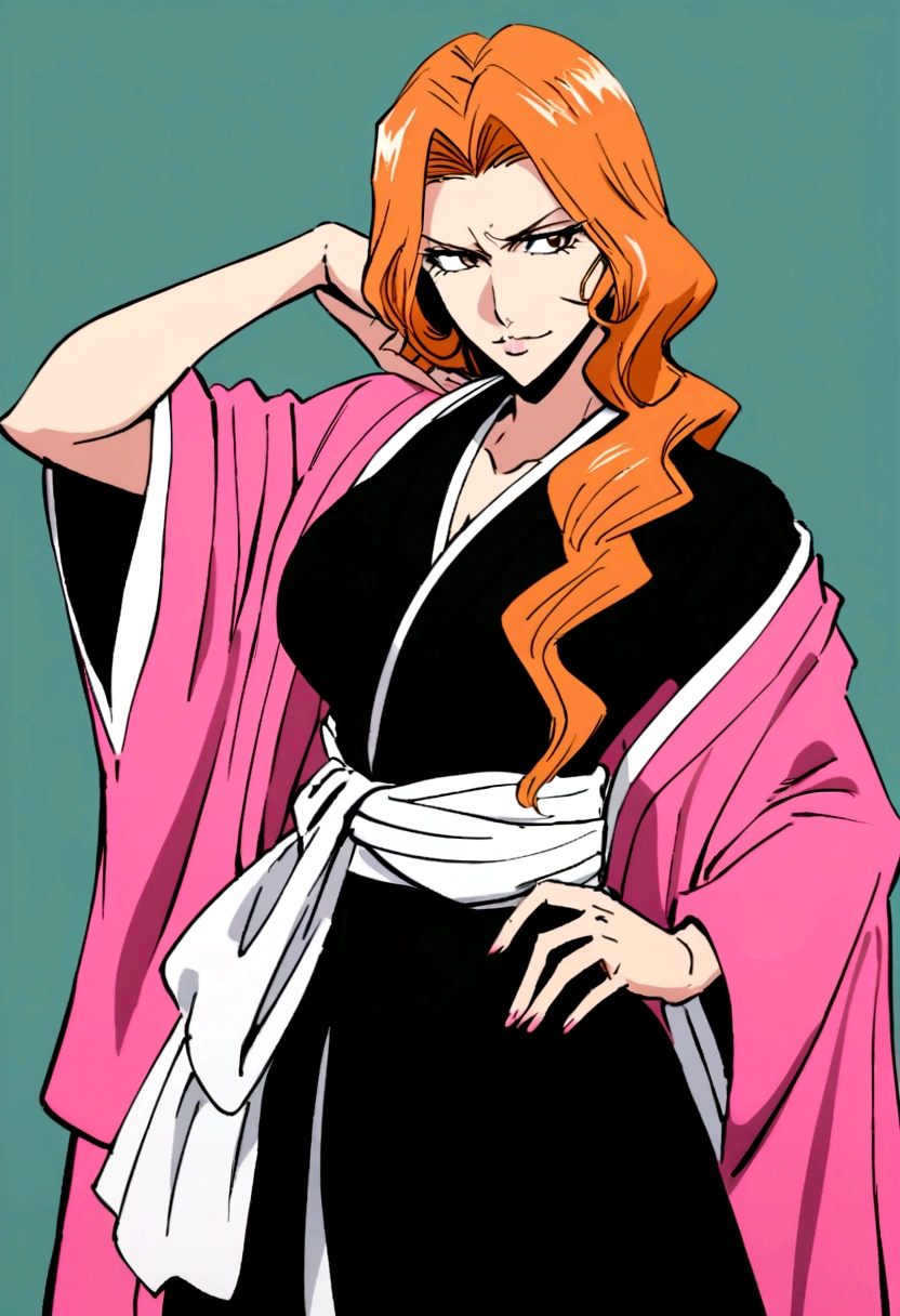 Generate an anime-style image of Rangiku Matsumoto from Bleach. She is a tall, confident woman with long, orange hair styled in loose waves. She wears a traditional Soul Reaper (Shinigami) uniform consisting of a black kimono with a deep neckline, tied with a white sash at the waist. Over the kimono, she has a pink sleeveless haori draped casually over her shoulders. Rangiku is carrying a katana at her side. Her pose is relaxed, with one hand resting on her hip and the other raised to touch her chin thoughtfully. Her expression is calm and slightly amused, capturing her laid-back yet sharp personality