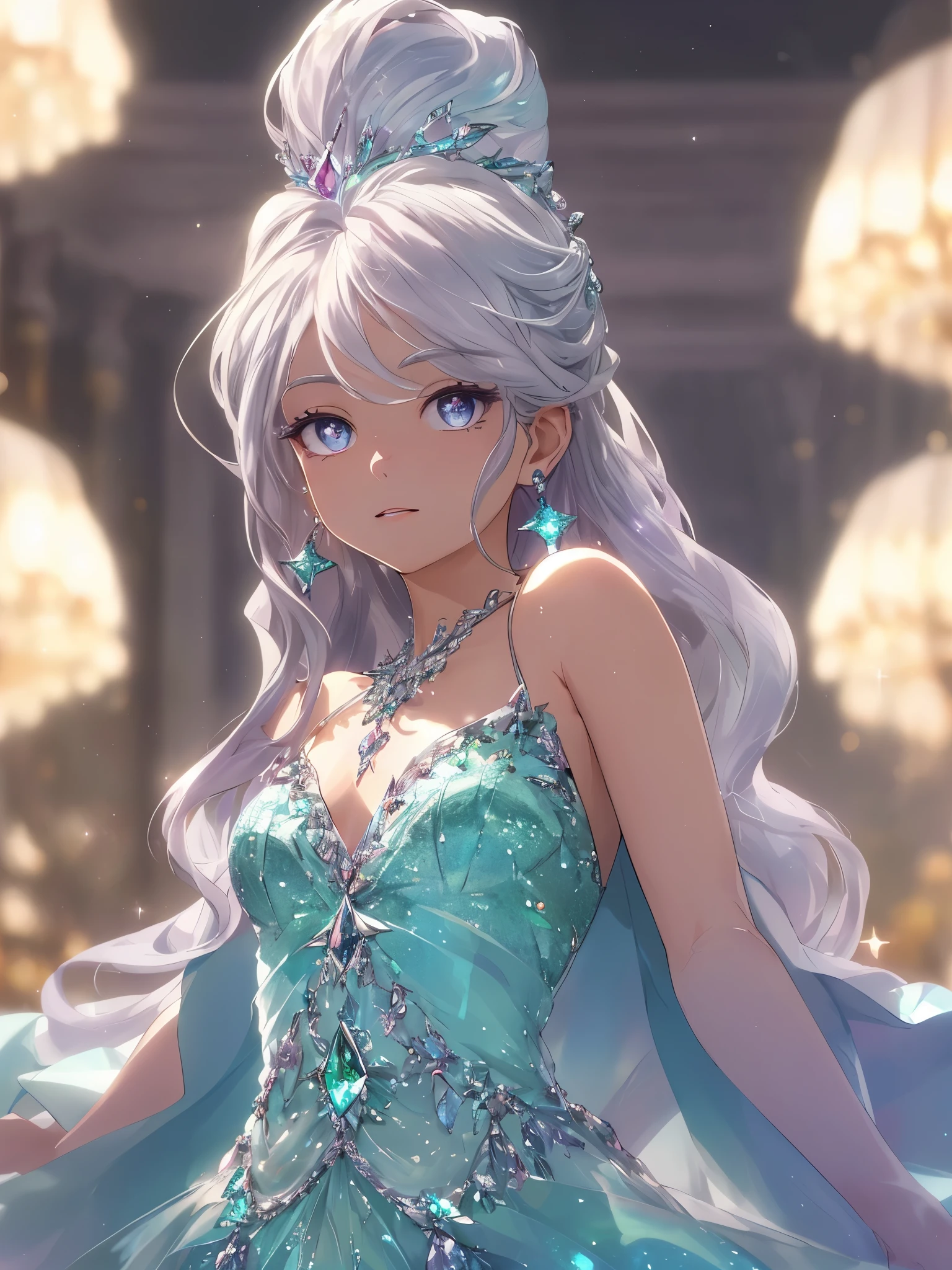 masterpiece, highest quality, figure, alexandrite eyes and hair, platinum earrings, Platinum Necklace, white dress, The Little Mermaid, cute, (dynamic lighting:1.2), cinematic lighting, delicate features, fine eyes, sharp pupils, realistic student, Depth of bounds written, Bokeh, sharp focus, (very detailed, bloom, shine:1.4), Many Small Gems