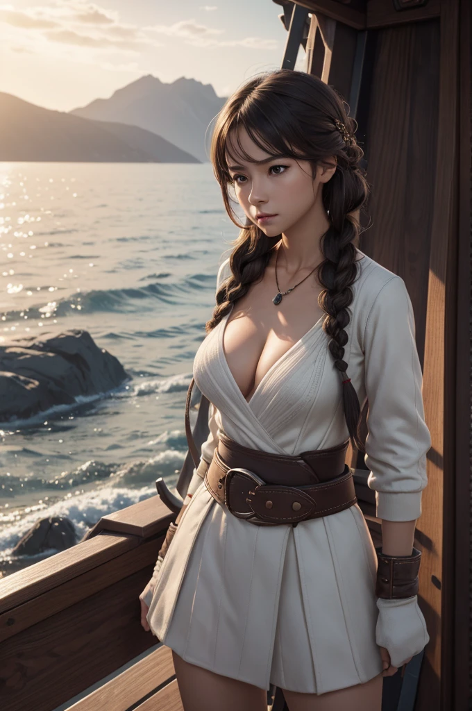 1 girl,on a pirphie ship deck, braid, neckleace, mitts, hphi, waist belt, sexy pirphie outfit, breasts big, far away body hair, gazing_phi_viewer, far away_body hair, standing alone, offcial art, unity wallpaper 8k, ultra detaild, Aesthetics, work of art, best qualityer, photorrealistic, action pose, cinemphiic lighting, 4K,