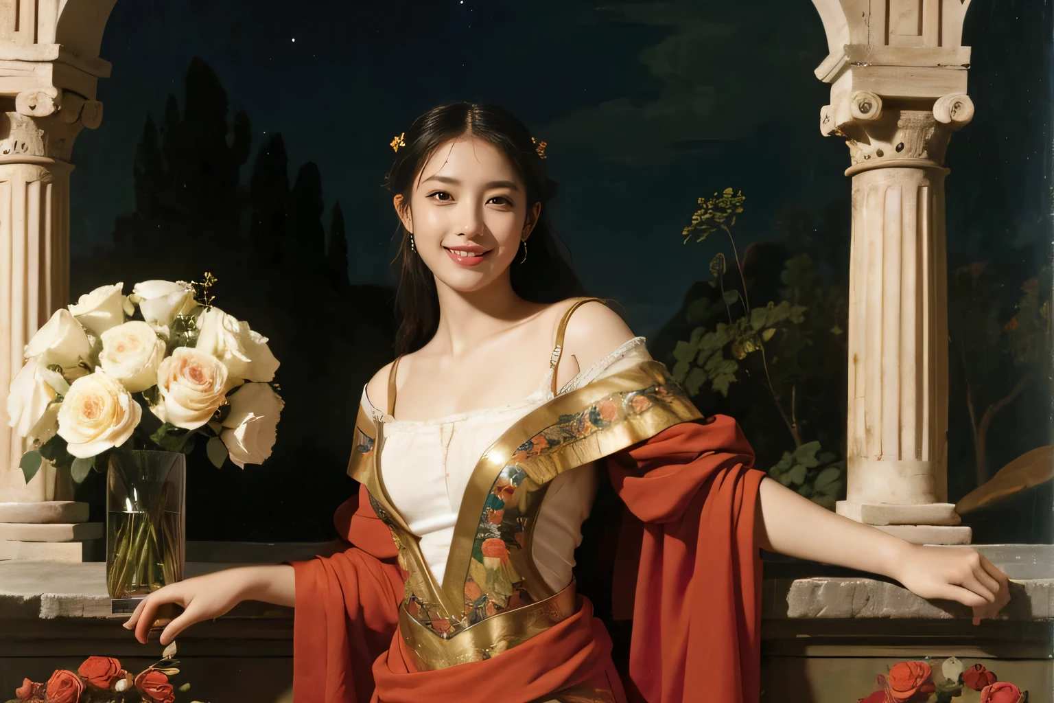 Giorgione painting style,Arguments of two female Philosophe,math、astronomical machine、astronaut、roses in vase、fruits、Cute trinkets、smile、ancient greek costume、Background is a forest lake at night 、Clothes that stretch your shoulders、A big smile