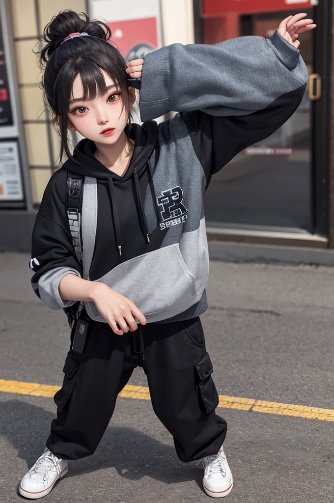 Masterpiece, Best Quality, 8K, Detailed Skin Texture, Detailed Cloth Texture, Beautiful Detail Face, Intricate Detail, Ultra Detailed, Portrait,Japanese girl、Harajuku style clothes、Oversized hoodie、cargo pants、Neon coloured clothing、full body shot
