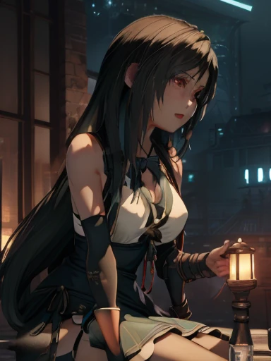 tifa lockhart, MKSKS style, (highly detailed background:1.0), (highly detailed background:1.0), Final Fantasy VII Remake, (red eyes), 1 girl, bare shoulders, aqua dress, black hair, green dress, No sleeve dress , sundress, Home, long hair, night, night null, open your mouth, outdoors, ponytail, sitting, null, No sleeve, No sleeve dress, star (null), starry null, town, old, small breasts, ((white ruffles)), (white dress),