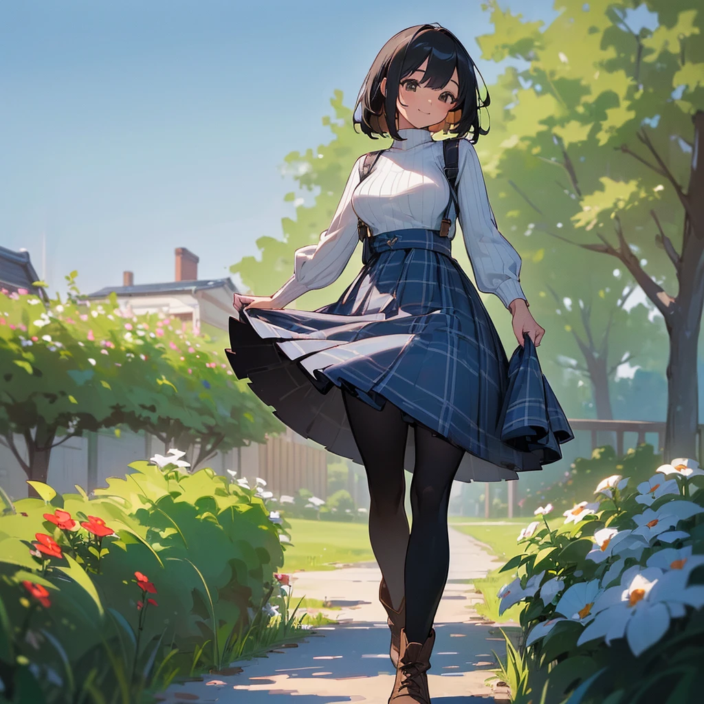(high quality, High resolution, Very detailed, 8K, reality:1.37), Peaceful atmosphere, (Outdoor, garden), age girl standing alone, (my breasts are big.), Beautifully detailed features, Cute Smile, (Black bob hair), Ribbed sweater, Blue plaid skirt, black tights, Brown boots.