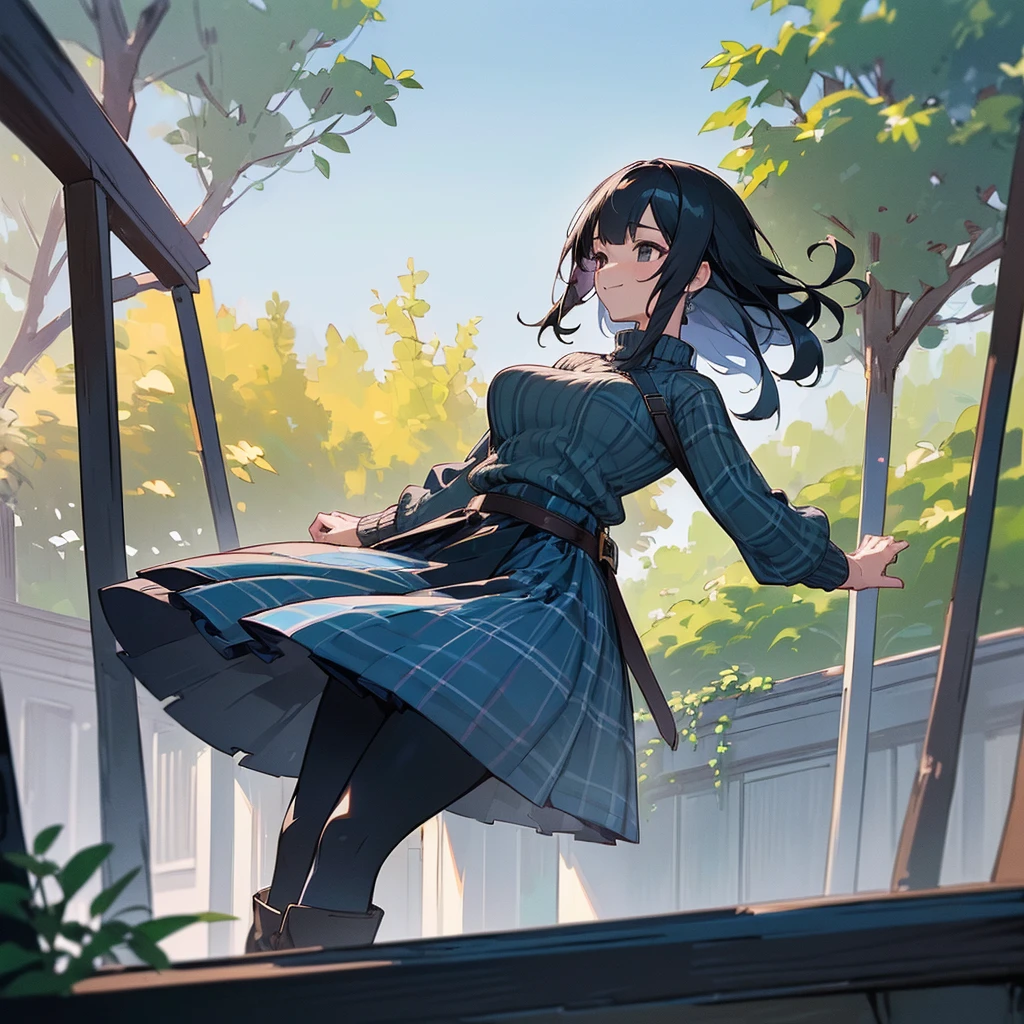 (high quality, High resolution, Very detailed, 8K, reality:1.37), Peaceful atmosphere, (Outdoor, garden), Teenage girl standing alone, (my breasts are big.), Beautifully detailed features, Cute Smile, (Black bob hair), Ribbed sweater, Blue plaid skirt, black tights, Brown boots.