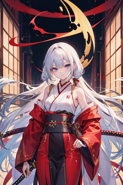Wooden Humanoid Machine Holding a long sword Kimono with exposed shoulders