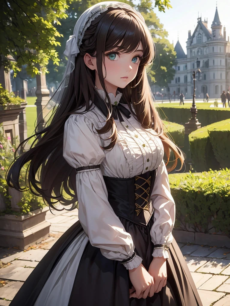 (8K, Best Quality, Masterpiece, Ultra High Resolution) 1 Girl, Woman, Beautiful Eyes, Face Details, Brunette Hair, Long Hair, Flowy Hair, Green Eyes, Pale Skin, Victorian Dress, Victorian Details, Outside Castle, Best Quality, Upper Body, Looking at the Viewer, Facing Viewer, Close Up