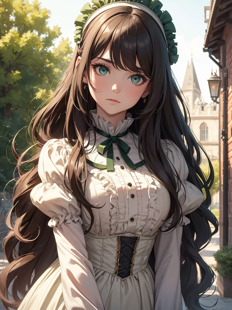 (8K, Best Quality, Masterpiece, Ultra High Resolution) 1 Girl, Woman, Beautiful Eyes, Face Details, Brunette Hair, Long Hair, Flowy Hair, Green Eyes, Pale Skin, Victorian Dress, Victorian Details, Outside Castle, Best Quality, Upper Body, Looking at the Viewer, Facing Viewer, Close Up