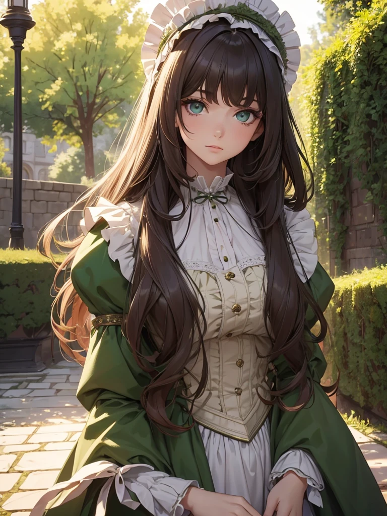 (8K, Best Quality, Masterpiece, Ultra High Resolution) 1 Girl, Woman, Beautiful Eyes, Face Details, Brunette Hair, Long Hair, Flowy Hair, Green Eyes, Pale Skin, Victorian Dress, Victorian Details, Outside Castle, Best Quality, Upper Body, Looking at the Viewer, Facing Viewer, Close Up