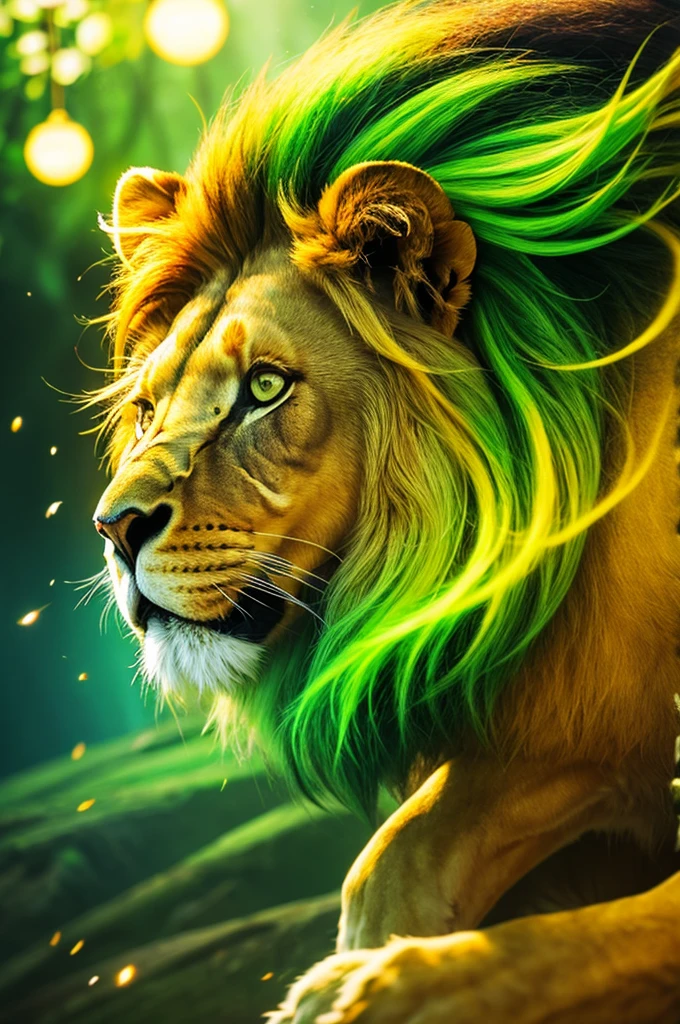 logo、Lion、Real、Fantasy、Green mane、Yellow body、Creative、One in the world