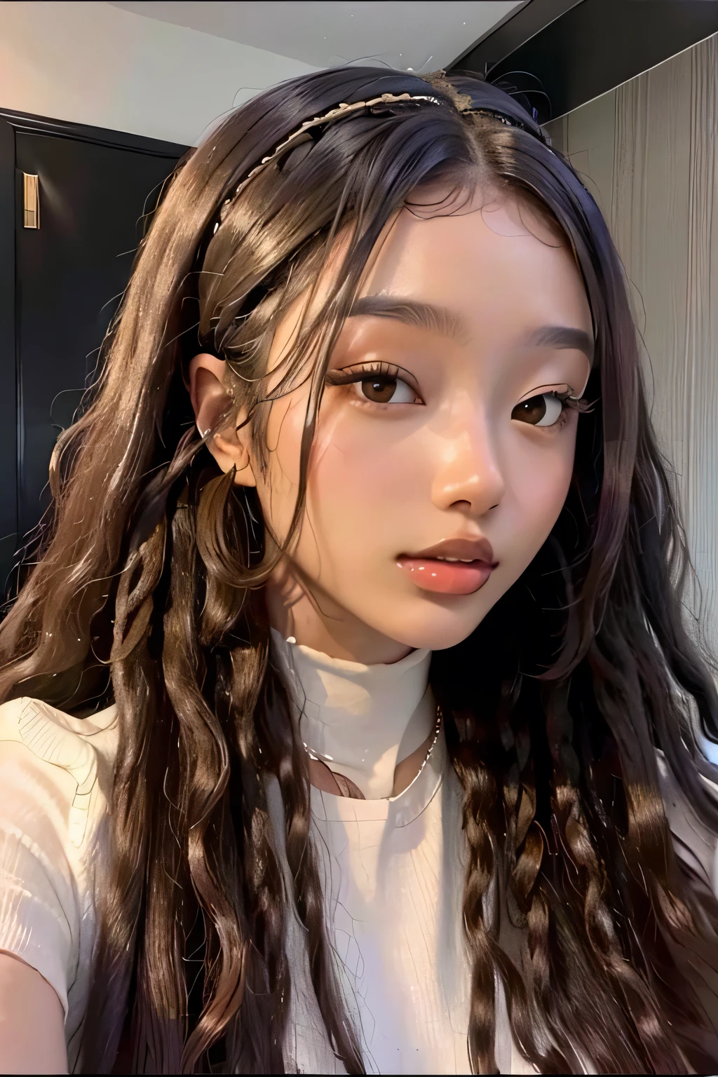 masterpiece, best quality, 1 girl, solo, beautiful African and Asian mixed 19 year old, brown skin female, long, frizzy, curly dark hair, perfect face, long hair