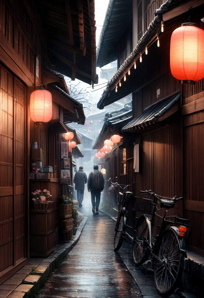 a japanese street, detailed street scene in japan, narrow alley in tokyo, traditional japanese architecture, wooden buildings, tiled roofs, lanterns hanging, neon shop signs, pedestrians walking, bicycles parked, cherry blossom trees, sunlight filtering through leaves, atmospheric lighting, muted color palette, cinematic composition, detailed textures, intricate details, masterpiece, (best quality,4k,8k,highres,masterpiece:1.2),ultra-detailed,(realistic,photorealistic,photo-realistic:1.37)