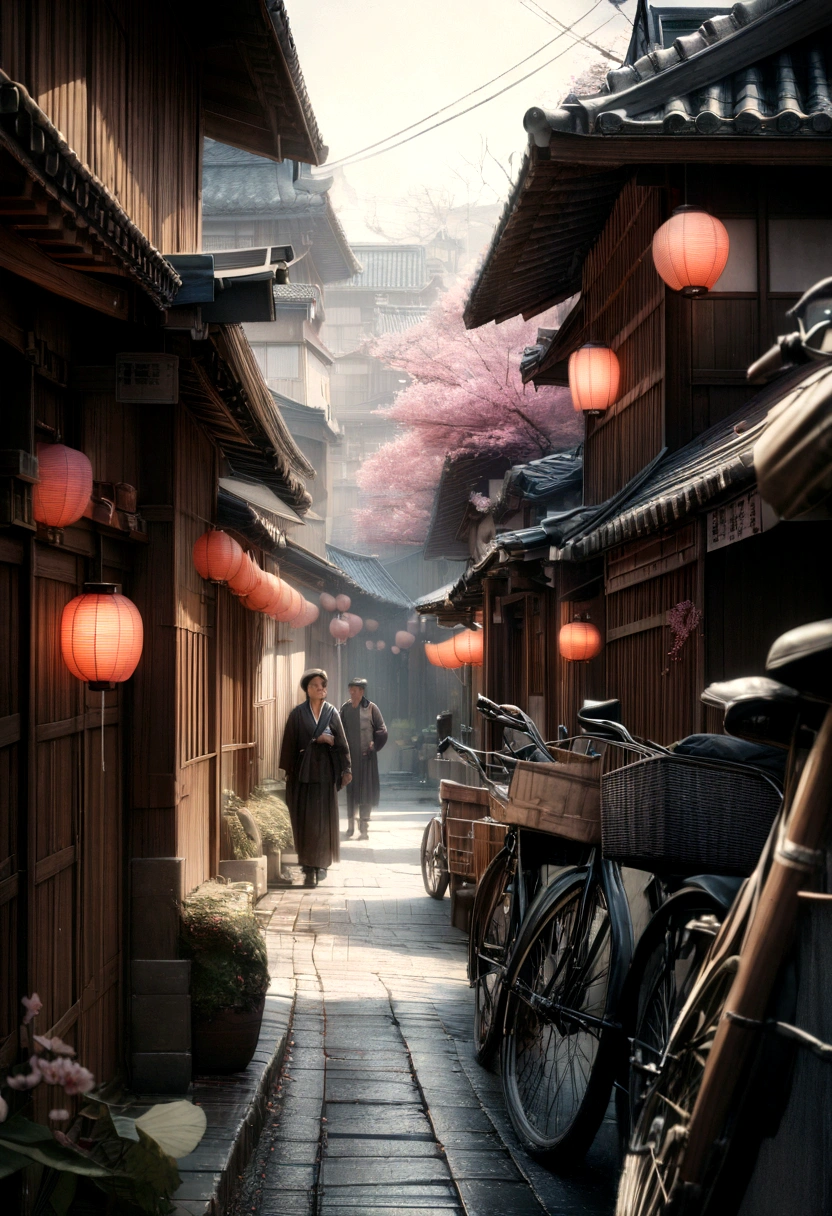 a japanese street, detailed street scene in japan, narrow alley in tokyo, traditional japanese architecture, wooden buildings, tiled roofs, lanterns hanging, neon shop signs, pedestrians walking, bicycles parked, cherry blossom trees, sunlight filtering through leaves, atmospheric lighting, muted color palette, cinematic composition, detailed textures, intricate details, masterpiece, (best quality,4k,8k,highres,masterpiece:1.2),ultra-detailed,(realistic,photorealistic,photo-realistic:1.37)