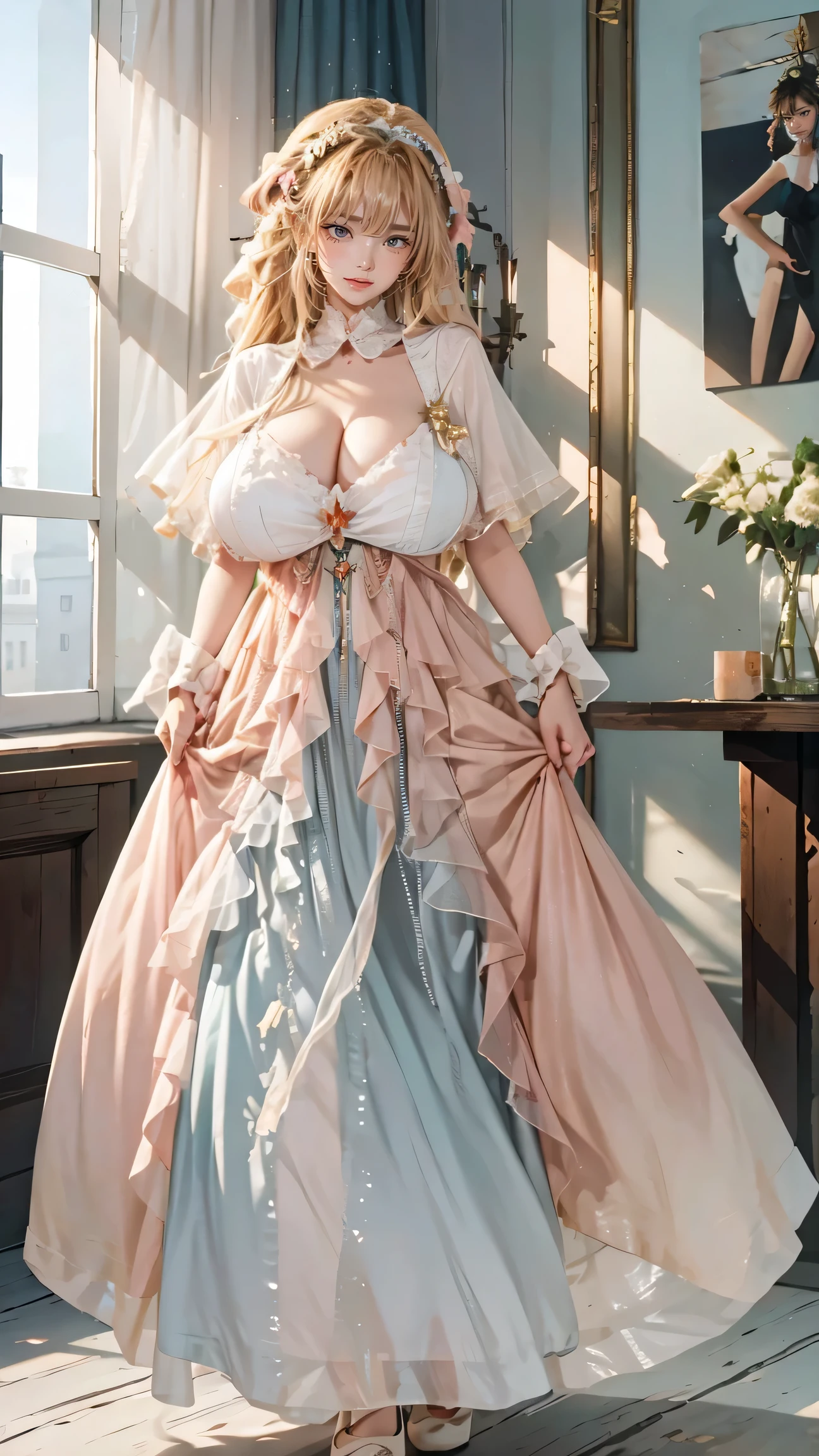 Best quality, masterpiece, ultra high res, raw photo, beautiful and aesthetic, deep shadow, fairy theme,(ultra detailed:1.3),
1girl, standing pose, headdress, (beautiful face, detailed eye:1.2), embarrassed, drill hair, long hair, blonde hair, gradient hair, yellow eyes, solo, (busty breasts, gigantic breasts:1.1), big hair, blue hair, divine goddess, looking at viewer, indoors, royal palace, luxurious bedroom, room full of curtain, astraea, full body, Han2,pink dress,flower,