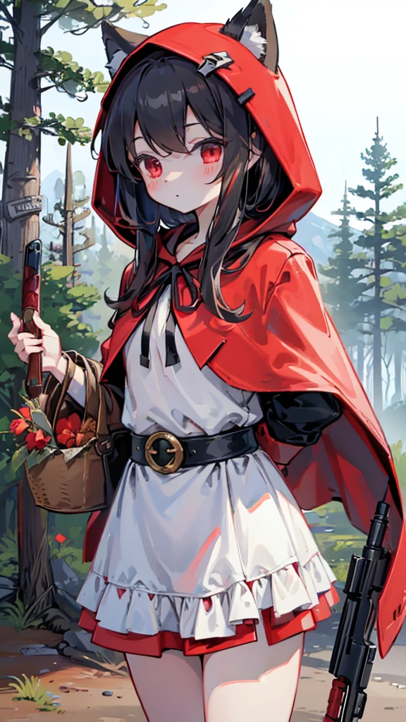 grace，Cool girl，Handsome girl，little Red Riding Hood，Red Cape，Red hood斗篷，Forest Background，Forest Background，Hooded girl with a basket，Wave Girl，Wolf Ear Girl，Wolf Ear Hood，Red hood，Close-up above the waist，Tight leather jacket，Shotgun，手持Shotgun，Hunter style girl