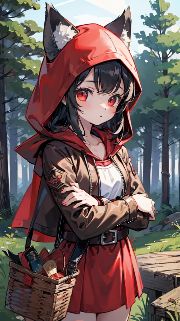 grace,Cool girl,Handsome girl,little Red Riding Hood,Red Cape,Red hood斗篷,Forest Background,Forest Background,Hooded girl with a basket,Wave Girl,Wolf Ear Girl,Wolf Ear Hood,Red hood,Close-up above the waist,Tight leather jacket,Shotgun,手持Shotgun,Hunter style girl