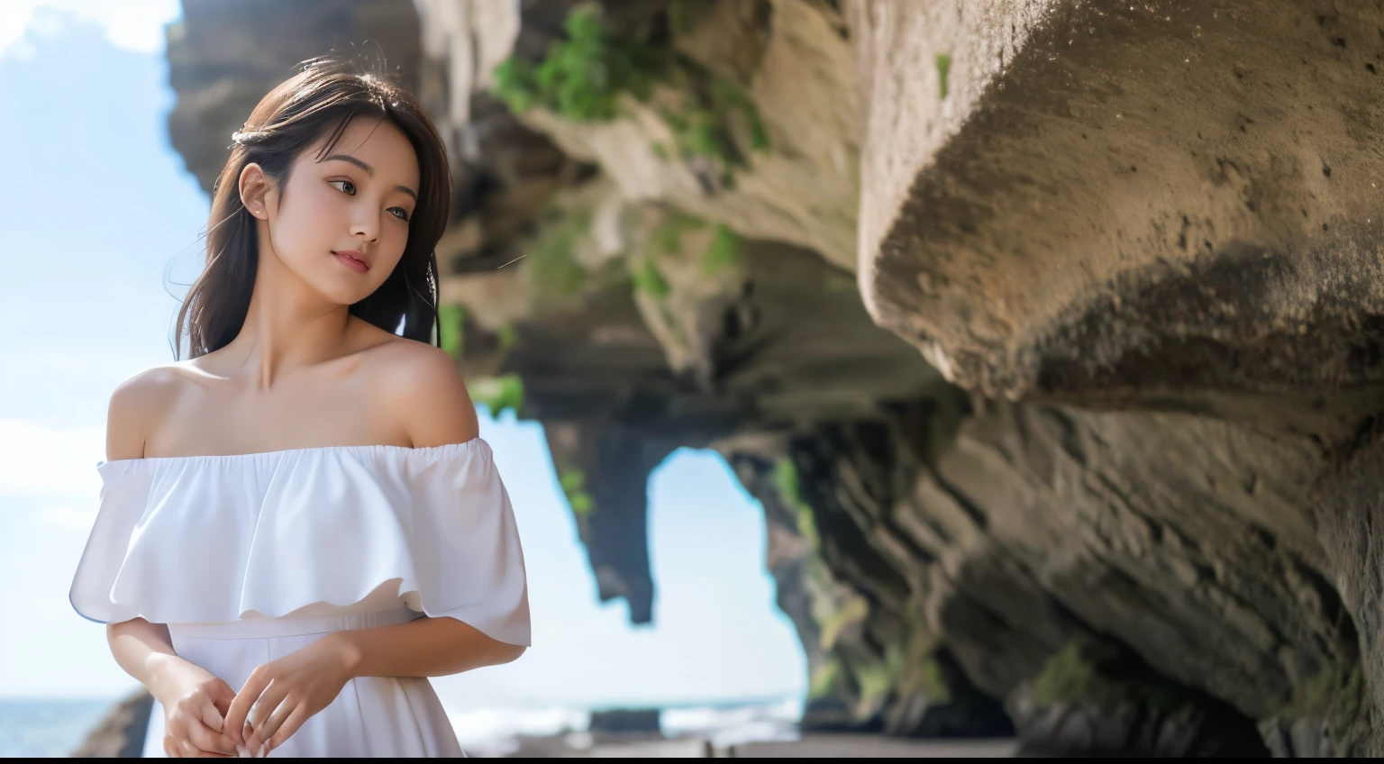 top-quality、beautiful japanese female、Superb view、on a cliff、off-shoulder:1.2、white dress:1.2、huge tit、The wind is blowing