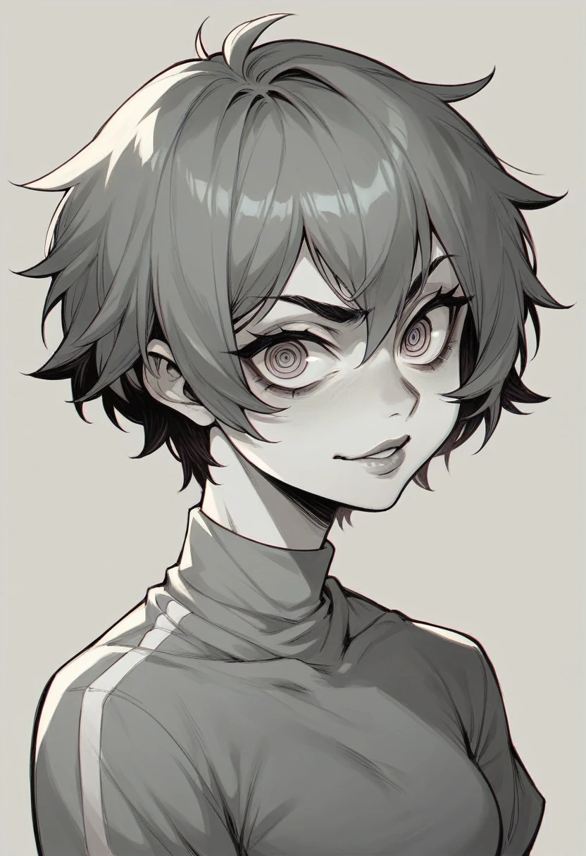 A with wide, sharp eyes, short hair, and a full lip Don't wear any clothes