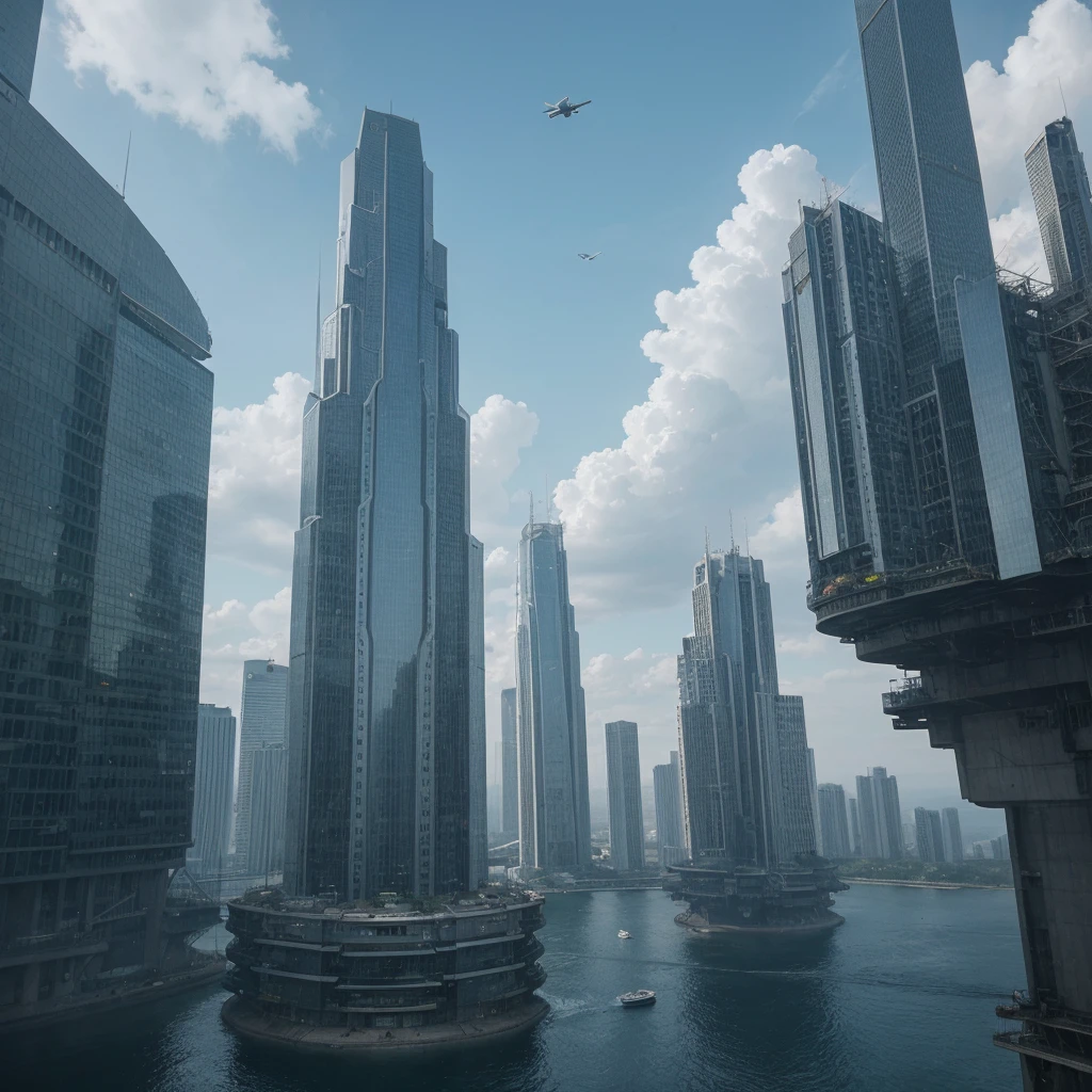 A spaceship lands on a platform at the top of a very tall futuristic building. Pilots around the ship and in the distance a gigantic futuristic city, in the middle of mountains and plains. Lots of vegetation and water. Birds flying and a blue sky with lots of clouds. Humid atmosphere and lots of sunlight. maximum quality, beautiful, master piece, Rendering, mil, high resolution realistic texture, filmic grain, cinematic