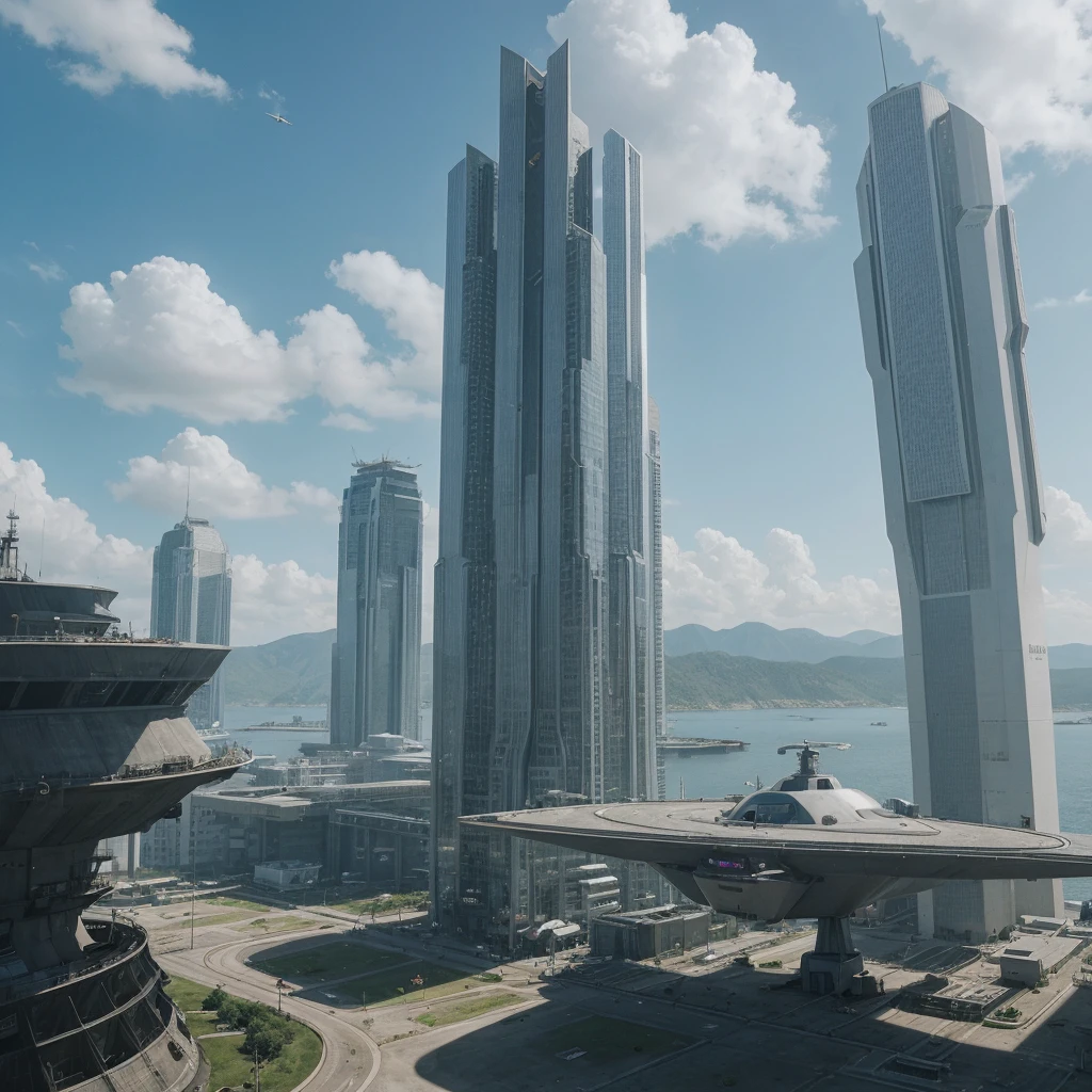 A spaceship lands on a platform at the top of a very tall futuristic building. Pilots around the ship and in the distance a gigantic futuristic city, in the middle of mountains and plains. Lots of vegetation and water. Birds flying and a blue sky with lots of clouds. Humid atmosphere and lots of sunlight. maximum quality, beautiful, master piece, Rendering, mil, high resolution realistic texture, filmic grain, cinematic