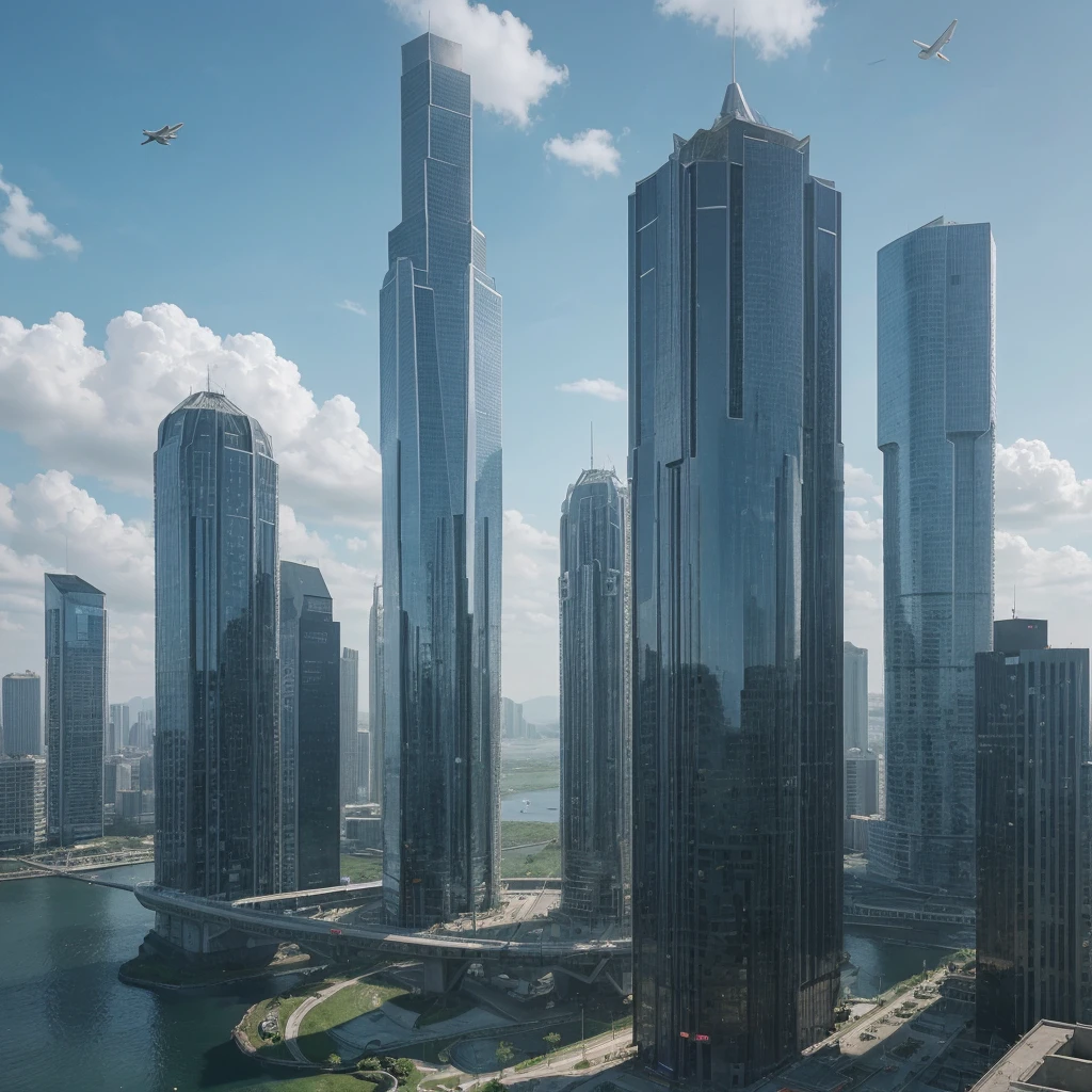 A spaceship lands on a platform at the top of a very tall futuristic building. Pilots around the ship and in the distance a gigantic futuristic city, in the middle of mountains and plains. Lots of vegetation and water. Birds flying and a blue sky with lots of clouds. Humid atmosphere and lots of sunlight. maximum quality, beautiful, master piece, Rendering, mil, high resolution realistic texture, filmic grain, cinematic