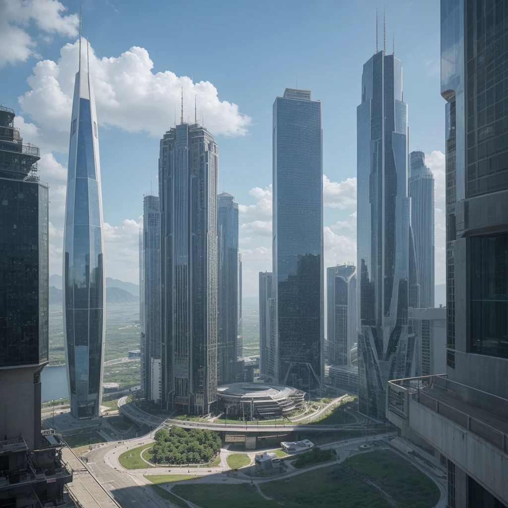 A spaceship lands on a platform at the top of a very tall futuristic building. Pilots around the ship and in the distance a gigantic futuristic city, in the middle of mountains and plains. Lots of vegetation and water. Birds flying and a blue sky with lots of clouds. Humid atmosphere and lots of sunlight. maximum quality, beautiful, master piece, Rendering, mil, high resolution realistic texture, filmic grain, cinematic