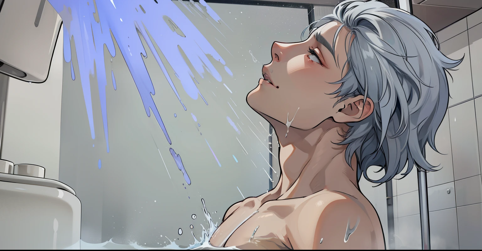 There is water from the shower falling on the young man, an 18 year old boy with gray hair getting wet with the water from the shower.