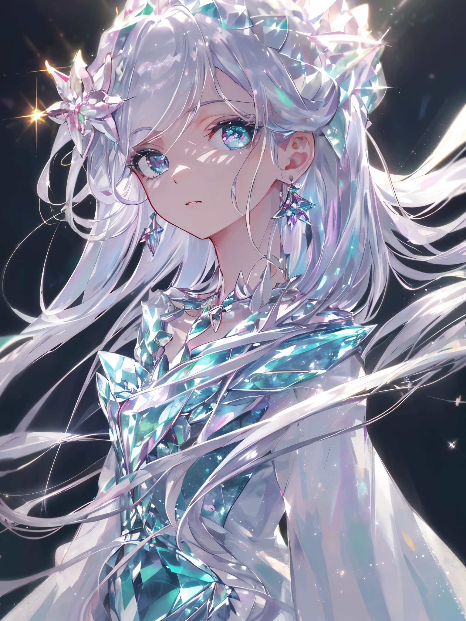 masterpiece, highest quality, figure, alexandrite eyes and hair, platinum earrings, Platinum Necklace, white dress, The Little Mermaid, cute, (dynamic lighting:1.2), cinematic lighting, delicate features, fine eyes, sharp pupils, realistic student, Depth of bounds written, Bokeh, sharp focus, (very detailed, bloom, shine:1.4), Many Small Gems