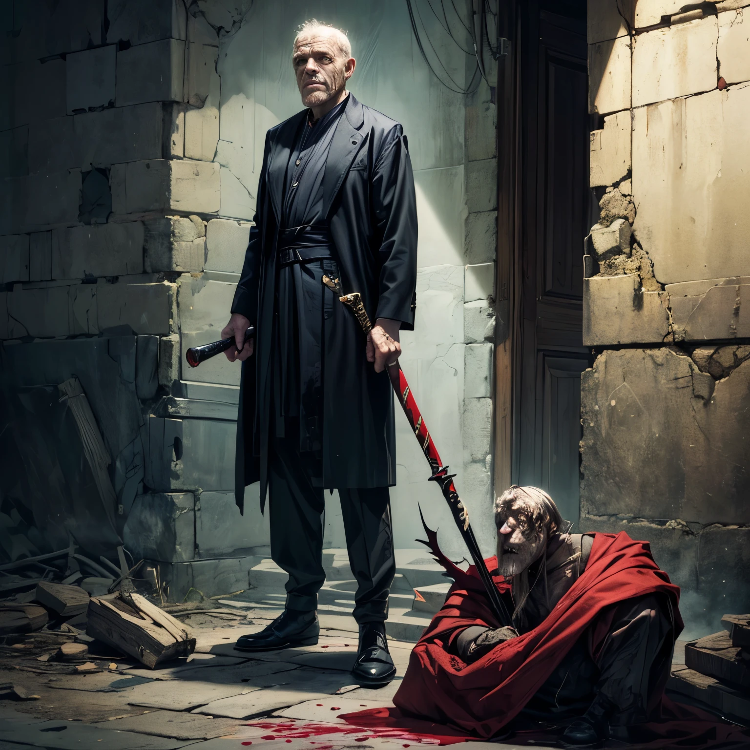 (Full Body Portrait、Long Shot:1.6)、Sitting on a bloody throne(Ugly old man:1.9)、Blood drips from the long sword、With an evil smile on his face、Corpses are scattered around the throne、Some of them are even skeletal.。Dark and ominous atmosphere。(Highest quality、4K、8K、High resolution、masterpiece:1.2)、Super detailed、(Real、Photorealistic、Photorealistic:1.37)、Highly detailed face and eyes、Detailed stain and blood texture、dramaticな照明、Moody colors、Cinematic composition、Dark fantasy、Gothic、Horror、dramatic