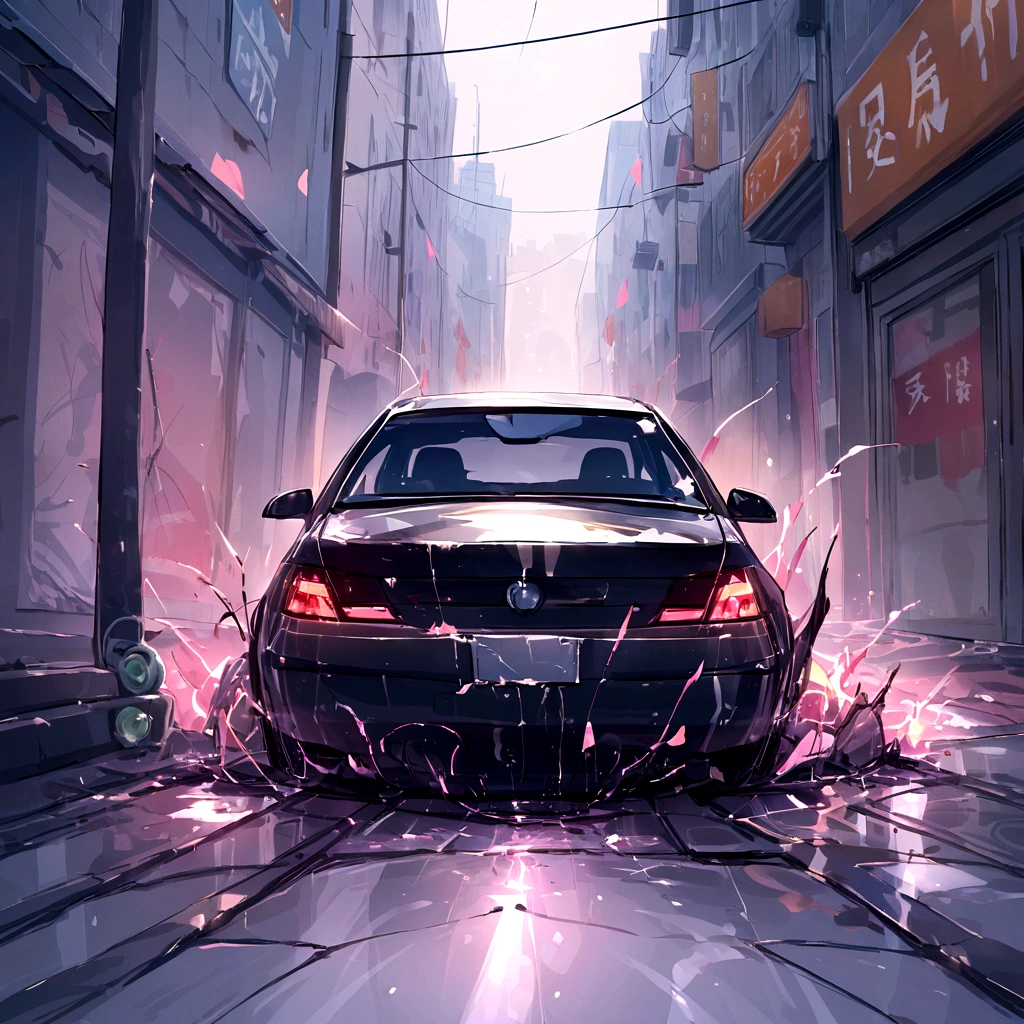 on the street,Car Accident,collapse,There is liquid on the ground,Black liquid,Obvious liquid,Real street background,ruins