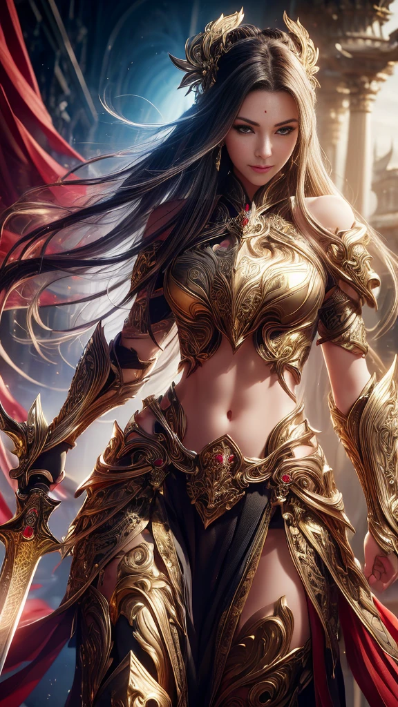 (RAW shooting:1.5, Photorealistic:1.5, 8K, Highest quality, masterpiece, Ultra-high resolution), Medieval Europe, A world of magic and swords, Perfect dynamic composition:1.2, mysterious:1.3, Highly detailed skin and facial textures:1.3, Cute and sexy slim female warrior, beautifully、aesthetic:1.2, Cute and sexy beauty, Perfect Style, Wear an exquisite ring, Swinging a large sword pose, fire, water, Wind, thunder, ice, Fair skin, Very beautiful face, (Medium Chest, Chest gap), (Embarrassed smile, Her facial expression when she felt intense caressing, Facial expressions when feeling happy), (Sexy Gold Metallic Armor:1.1, Off the shoulder, Navel exposure), (Beautiful Blue Eyes, Beautiful erotic eyes:0.8), (Too erotic:0.9, Fascinating:0.9), Full Body Shot, Ancient castle in the background