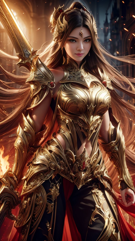 (RAW shooting:1.5, Photorealistic:1.5, 8K, Highest quality, masterpiece, Ultra-high resolution), Medieval Europe, A world of magic and swords, Perfect dynamic composition:1.2, mysterious:1.3, Highly detailed skin and facial textures:1.3, Cute and sexy slim female warrior, beautifully、aesthetic:1.2, Cute and sexy beauty, Perfect Style, Wear an exquisite ring, Swinging a large sword pose, fire, water, Wind, thunder, ice, Fair skin, Very beautiful face, (Medium Chest, Chest gap), (Embarrassed smile, Her facial expression when she felt intense caressing, Facial expressions when feeling happy), (Sexy Gold Metallic Armor:1.1, Off the shoulder, Navel exposure), (Beautiful Blue Eyes, Beautiful erotic eyes:0.8), (Too erotic:0.9, Fascinating:0.9), Full Body Shot, Ancient castle in the background