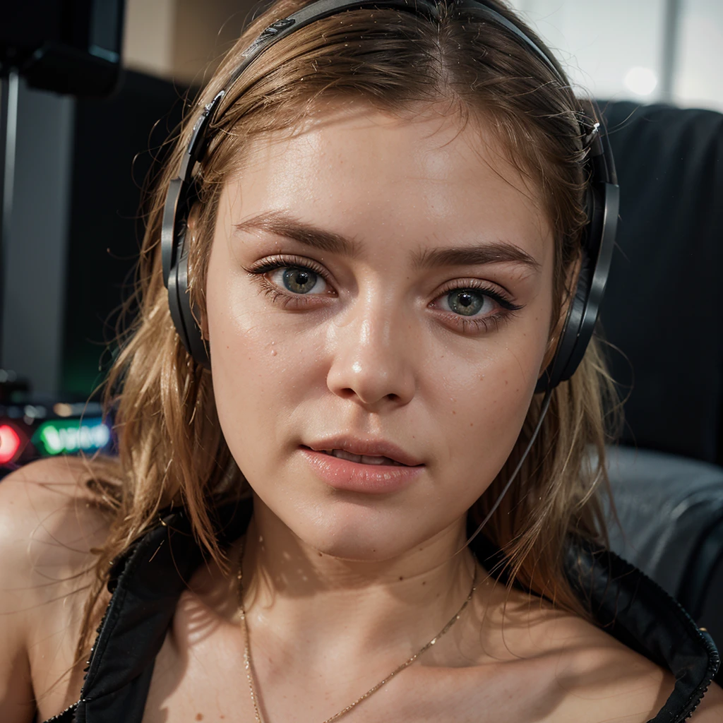 a young blonde woman of 22 years old, sitting in a gaming chair, wearing gaming headphones with microphone, hyperrealistic, selfie, highly detailed, realistic face, detailed skin texture, beautiful eyes, lush eyelashes, delicate nose, sensual lips, gaming setup, RGB lighting, dynamic pose, flawless rendering, cinematic lighting, warm color tones, photorealistic, unreal engine, 4k, octane render, studio lighting