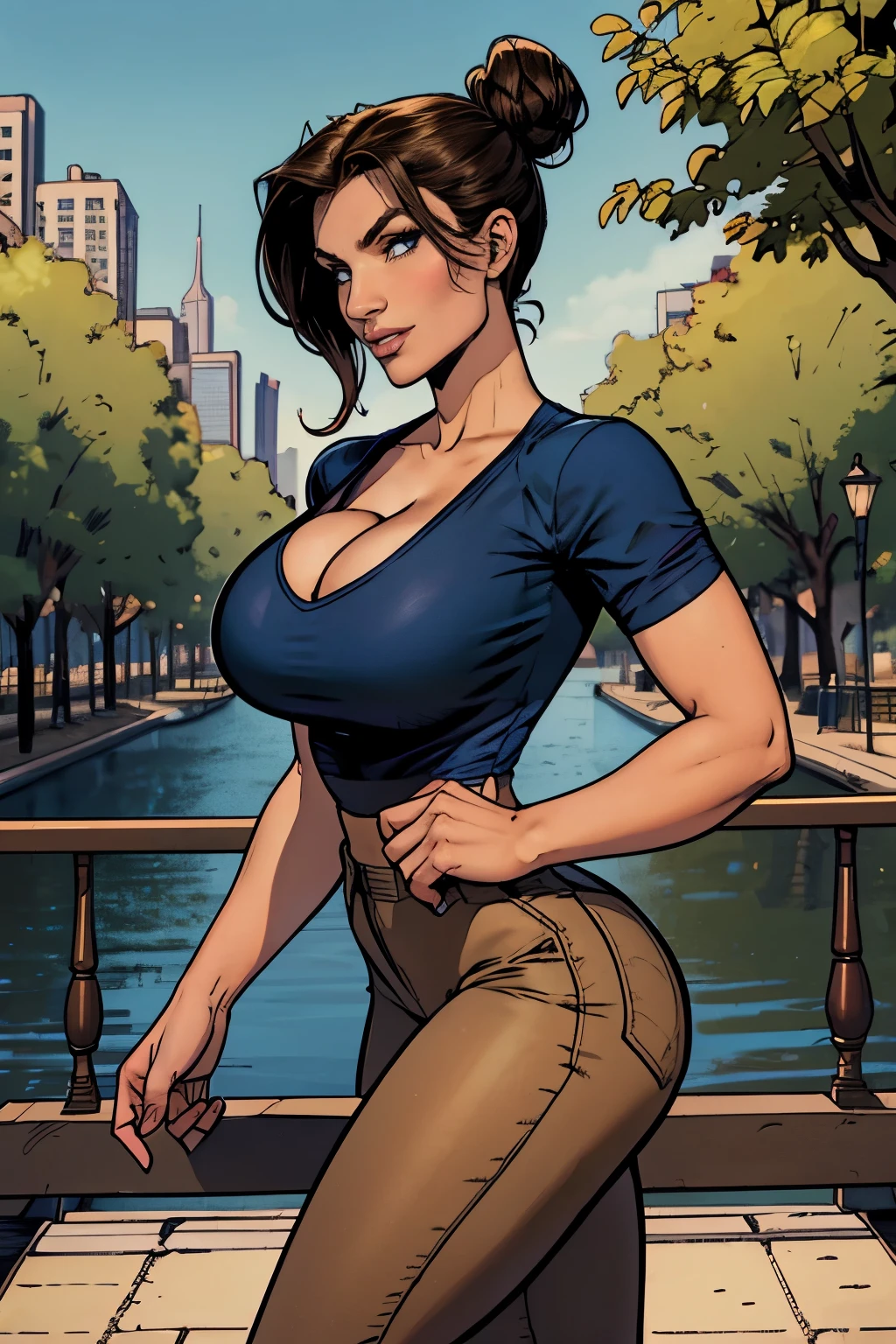 Gorgeous and sultry busty athletic (happy) brunette with sharp facial features, athletic bun, large breasts, cleavage, and a (large nose) wearing a low-cut dark blue shirt, tight beige pants.  City street, park, trees.