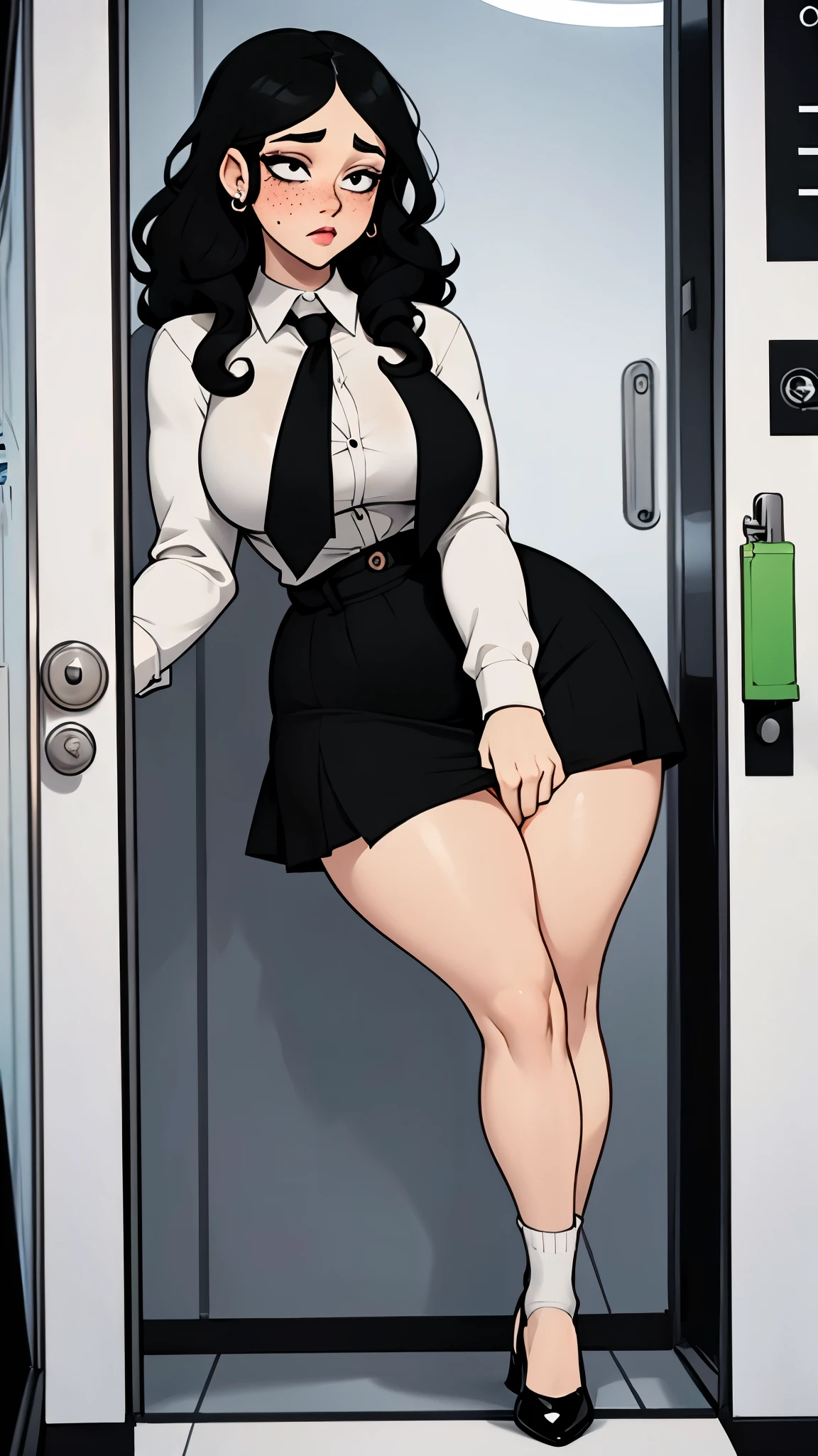 milf, black curly hair, curvy, pale skin with freckles, white button down shirt, fitted black skirt, heels, socks, worried face, blushing cheeks, stage inside elevator
