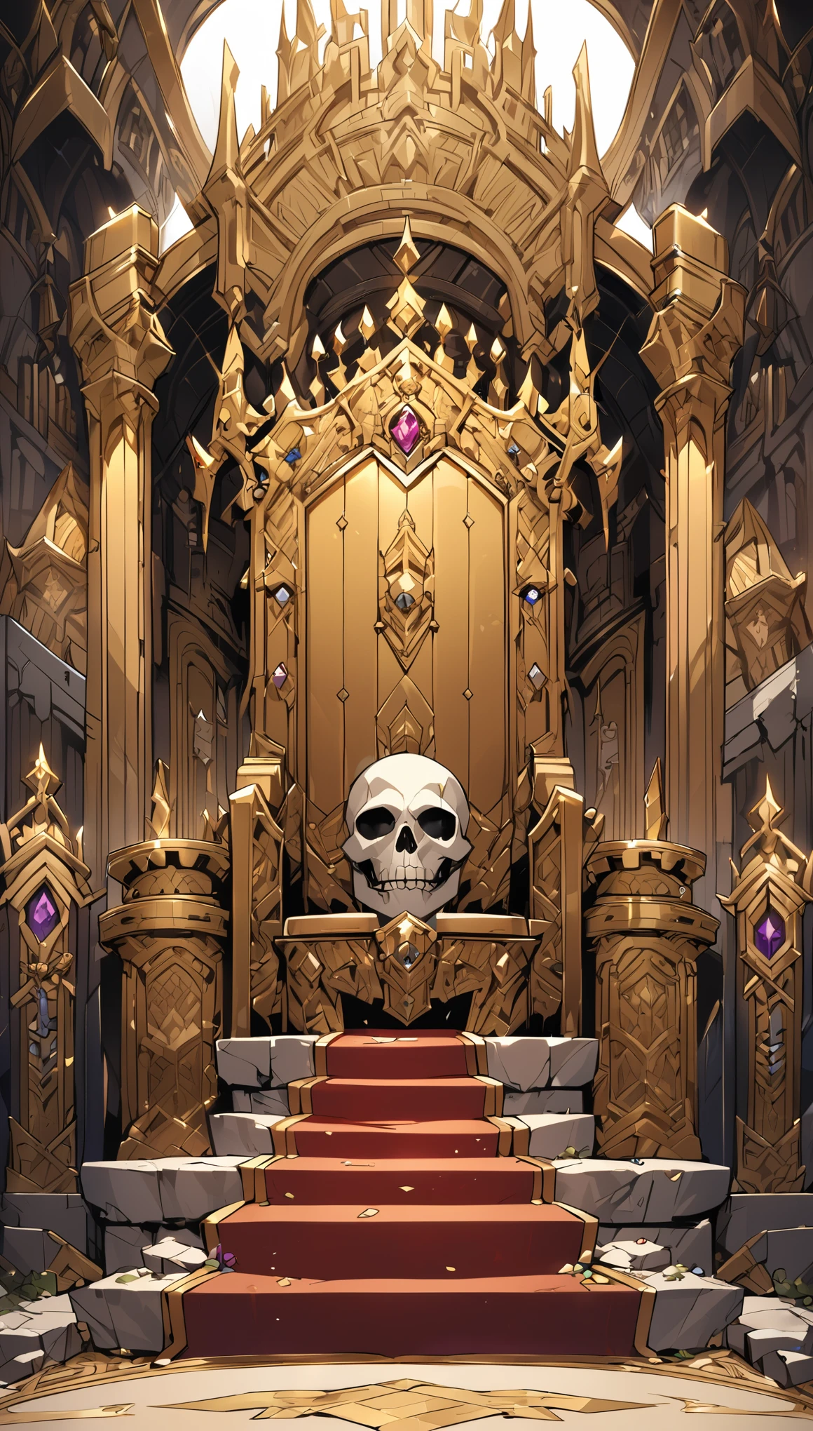 A golden throne inlaid with various gems, Placed in the center of the castle hall, There is a skull wearing a crown on the throne