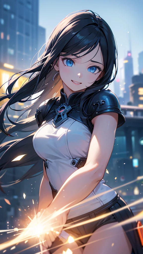 1girl,falling from the sky,long black hair,light blue eyes,,smiling,fantasy,particles of light,best quality,4k,8k,highres,masterpiece:1.2,ultra-detailed,realistic,photorealistic,photo-realistic:1.37,hdr,uhd,studio lighting,ultra-fine painting,sharp focus,physically-based rendering,extreme detail description,professional,vivid colors,bokeh