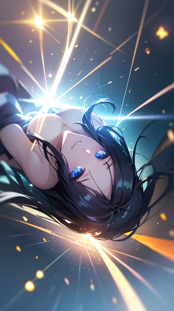 1girl,falling from the sky,long black hair,light blue eyes,,smiling,fantasy,particles of light,best quality,4k,8k,highres,masterpiece:1.2,ultra-detailed,realistic,photorealistic,photo-realistic:1.37,hdr,uhd,studio lighting,ultra-fine painting,sharp focus,physically-based rendering,extreme detail description,professional,vivid colors,bokeh