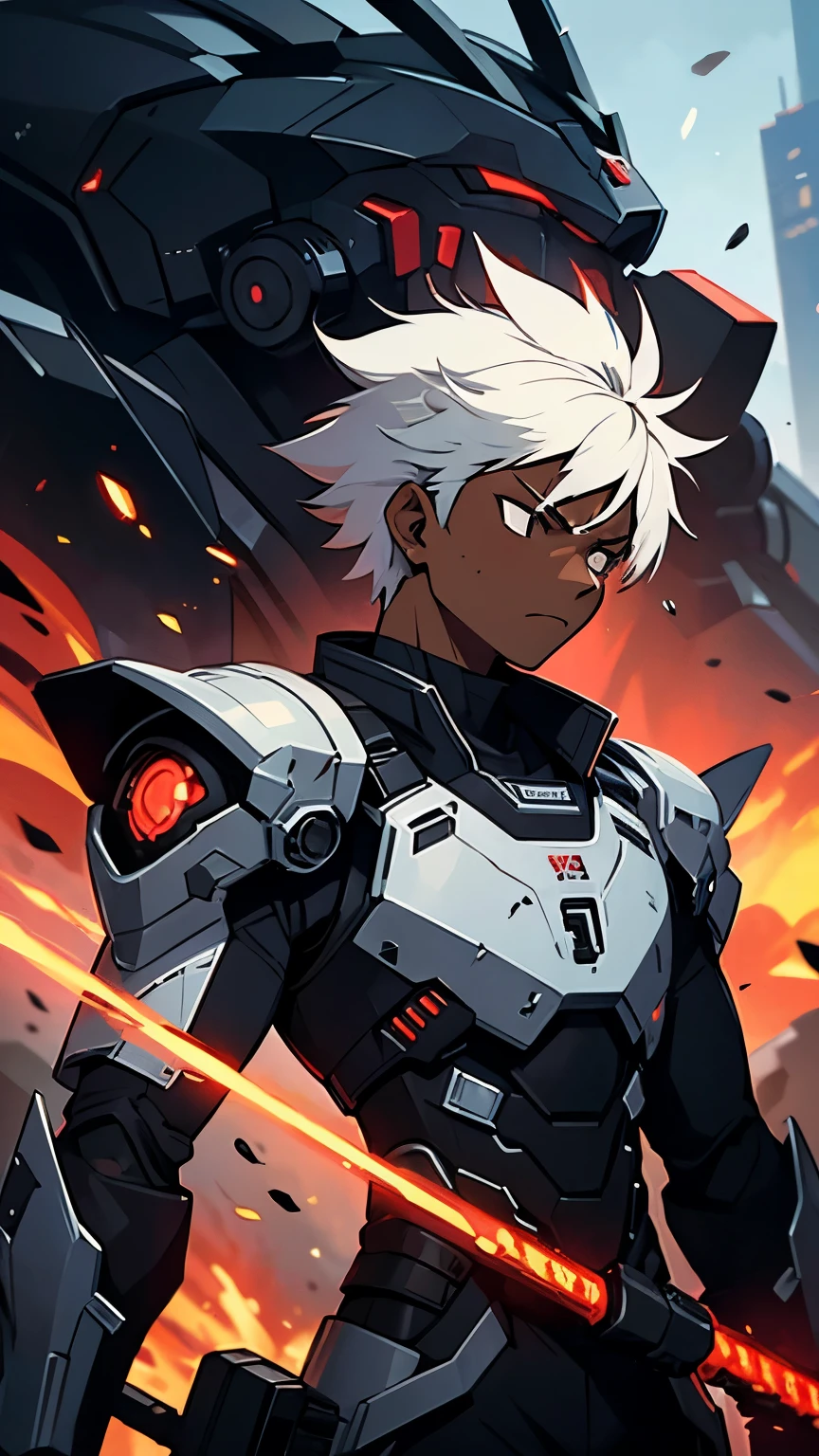 Male, white hair, spiky hair, messy hair, dark skin, black eyes, black futuristic cybernetic armor with red details, large shoulder pads, cold expression, in a cybernetic world, holding a fire sword
