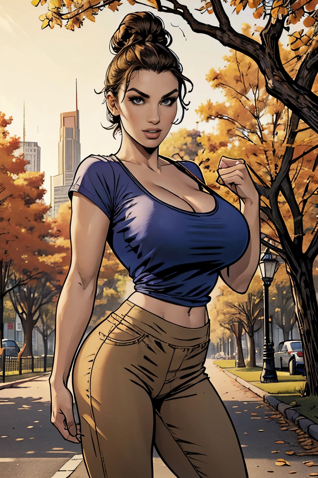 Gorgeous and sultry busty athletic (happy) brunette with sharp facial features, athletic bun, large breasts, cleavage, and a (large nose) wearing a low-cut dark blue shirt, tight beige pants. City street, park, trees.