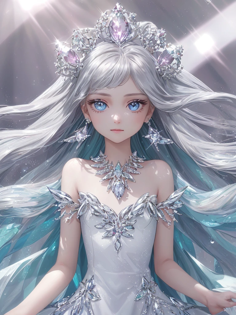 masterpiece, highest quality, figure, alexandrite eyes and hair, platinum earrings, Platinum Necklace, white dress, The Little Mermaid, cute, (dynamic lighting:1.2), cinematic lighting, delicate features, fine eyes, sharp pupils, realistic student, Depth of bounds written, Bokeh, sharp focus, (very detailed, bloom, shine:1.4), Many Small Gems