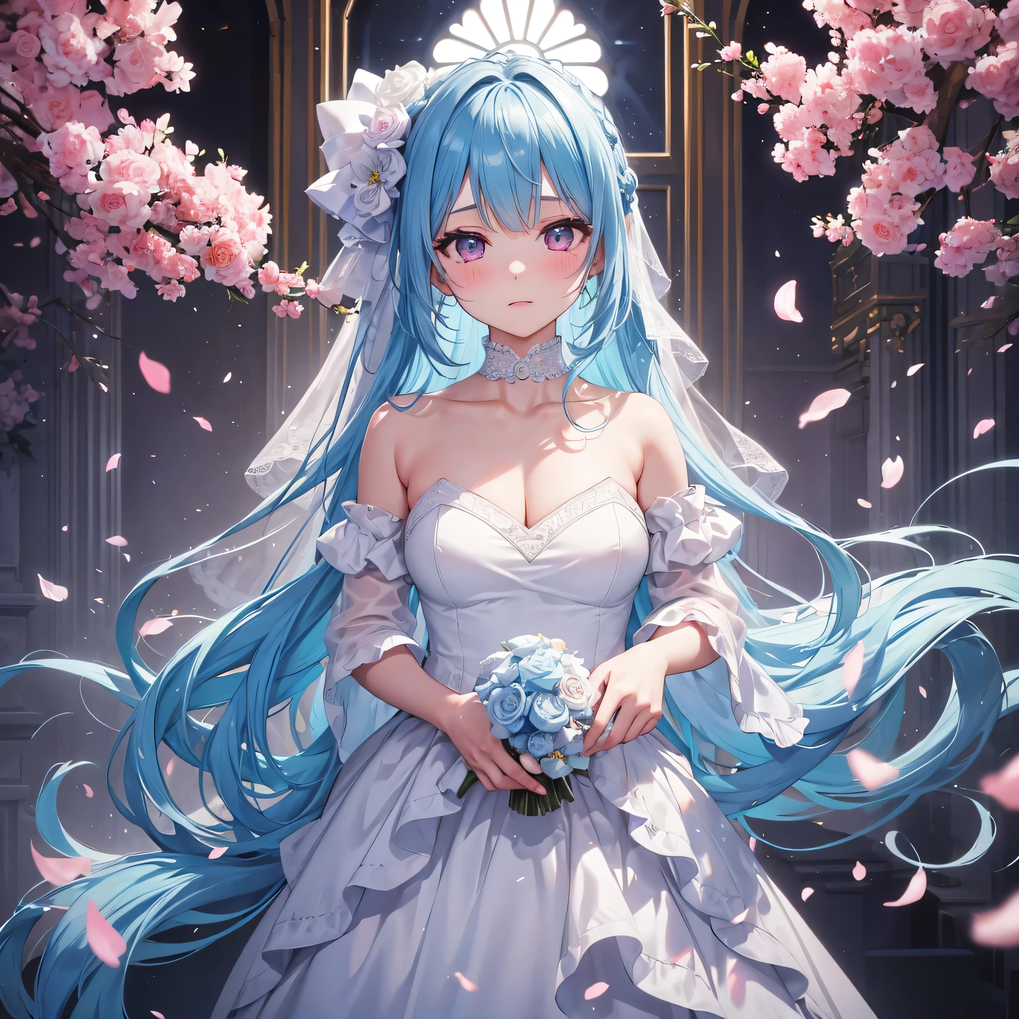 sky Blue hair, (braided ponytail),(pink eyes),fair skin ,(full body),(1 girl),bride,blush,Straight Bangs, June Bride,Wedding dress,(masterpiece, best quality, ultra-detailed, best shadow), (detailed background), (beautiful detailed face), high contrast, (best illumination, an extremely delicate and beautiful), ((cinematic light)), colorful, hyper detail, dramatic light, intricate details,Wedding hall,