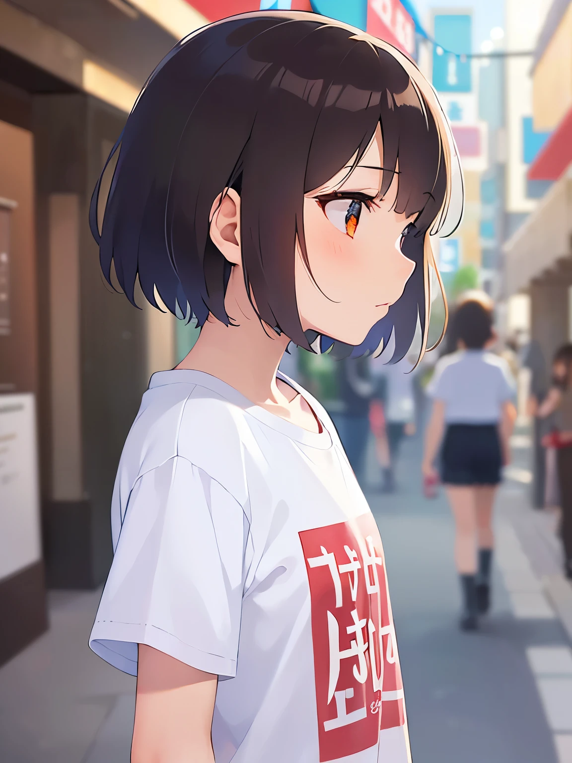 side angle, (looking away:1.5), 、bob cut, masterpiece、Highest quality、 (Brown hair with bangs) and (Orange eyes) and ( girl:1.5), Primary school students、(white:1.5) and (T-Shirts)、expressionless, Are standing、The background is a shopping street、The upper body is shown、Alone、