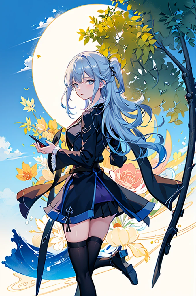 1girl, solo, outdoors, long hair, holy place, Original,(Illustration:1.1),(Best Quality),(masutepiece:1.1),(the Extremely Detailed CG Unity 8K Wallpapers:1.1), (Colorful:0.9),(mid-shot:0.95),(extremely detailed beautiful face),(Solo:1.2), (girl),(((Lori))), (Detailed beautiful eyes:1.15), (Beautiful face:1.15), (Glowing blue eyes:1.25////),(((sky blue Long Hair))),(two side up),(+perfect hand+:1.21),(Draw illustration of Japan priestess costume),(slender),(White pleated skirt),(Gothic),((black thighhighs)),(frilld),(Beautiful Slender Lolita Girl),hallowween,standing, girl,10 years old, girl,foggy place,vampire,sky blue hair,full body,whole body,((cathedral background)),(holy cathedral),((full body,whole body)),((full body,whole body)),((full body,whole body)),((full body,whole body)),