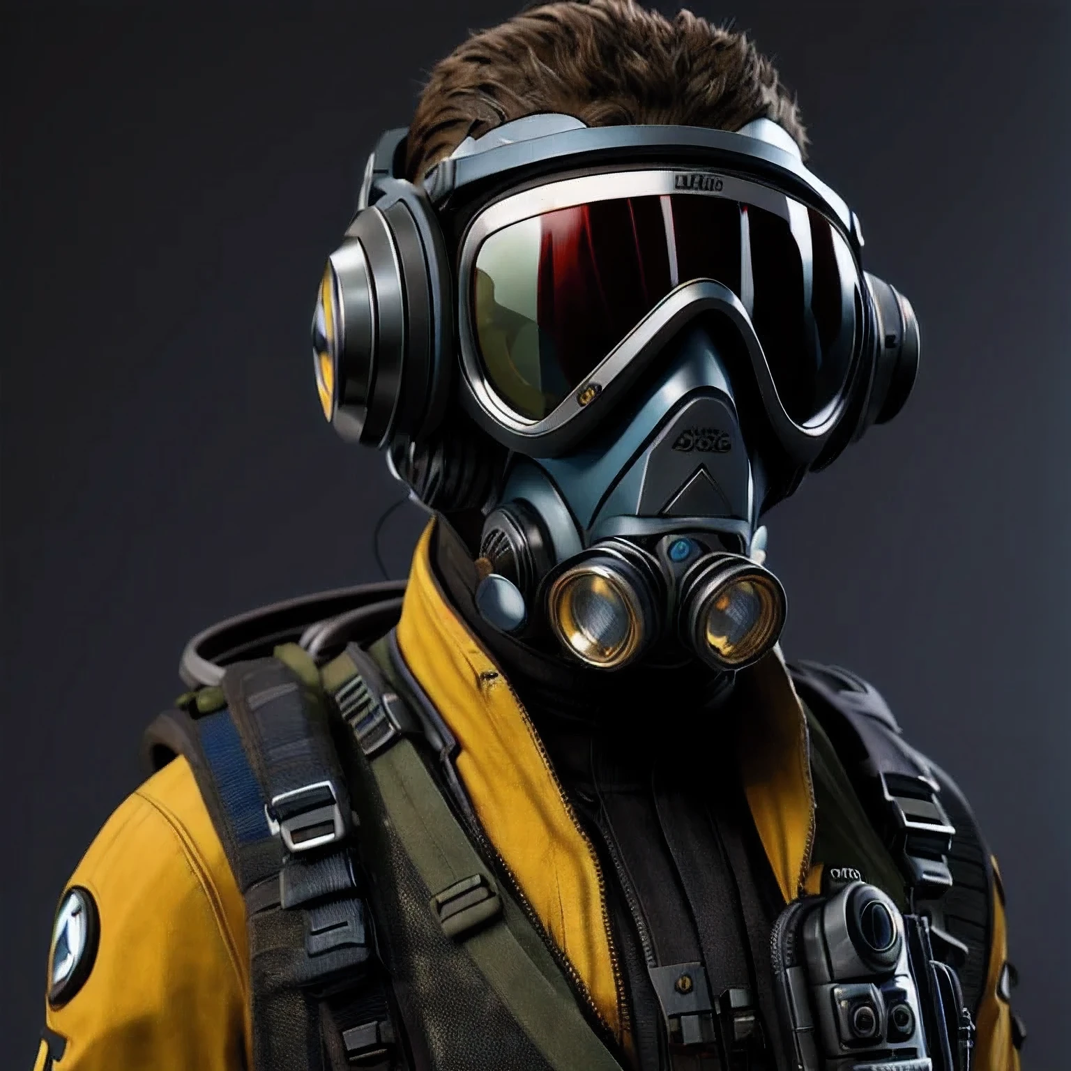 Image of a man wearing a gas mask and goggles, Science Fiction Characters render, 3D rendering style, Science Fiction Characters, Post-apocalyptic explorer, Science Fiction Characters, Stylized 3 D rendering, 3 d character render, sci - fi pilot, Sci-fi soldier, character render, Stylized characters, Dusty spacesuit(((Goggles)))(one person)