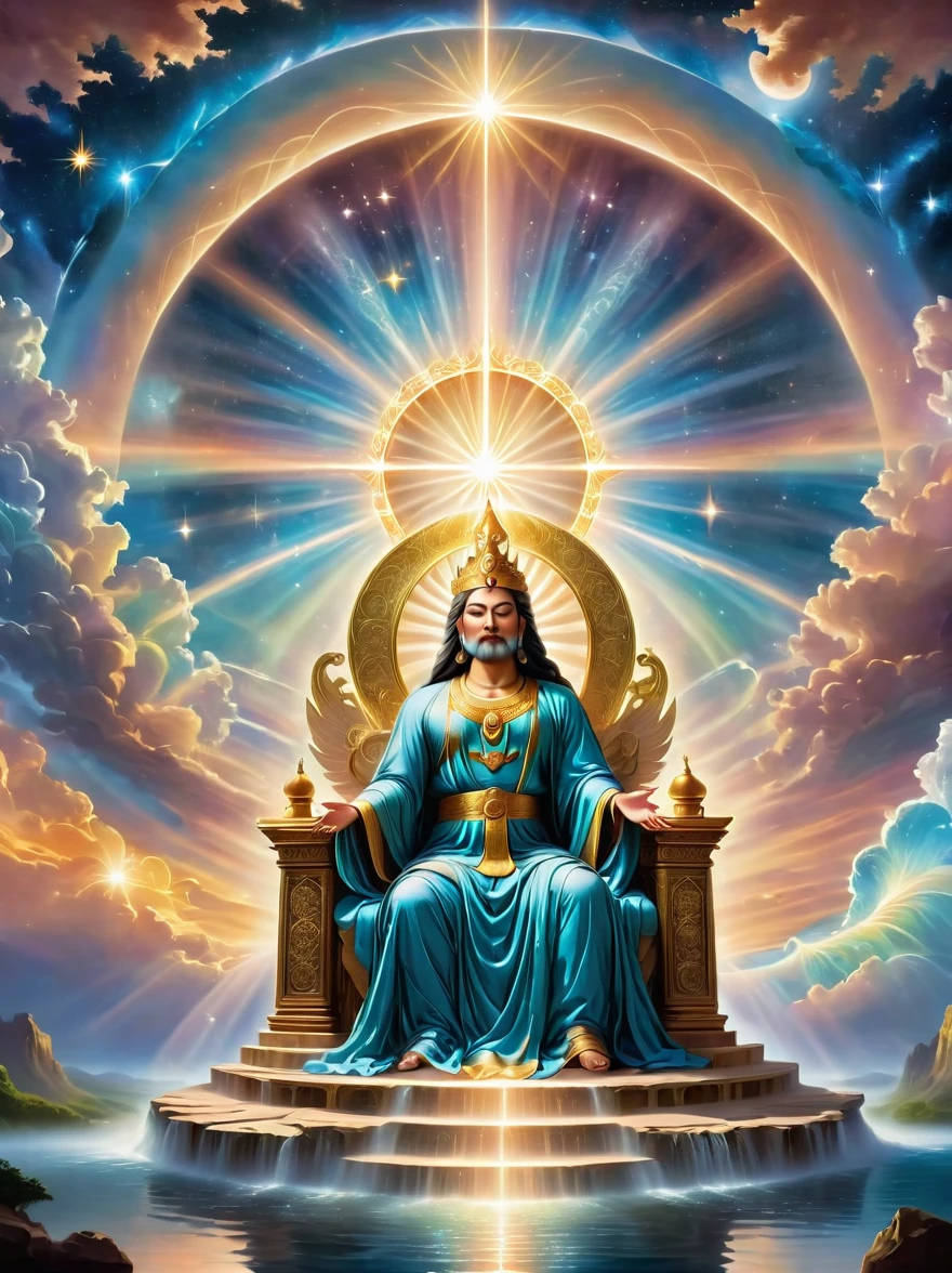 An illustrative portrayal of a divine figure seated on a majestic throne in a celestial setting, symbolizing the concept of the divine in spiritual traditions. From the figure's mouth, envision a river of radiant life energy flowing forth, illustrating the concept of divine wisdom or 'word'. The image should be rich with celestial hues and imbued with an ethereal light that emphasizes the otherworldly atmosphere.