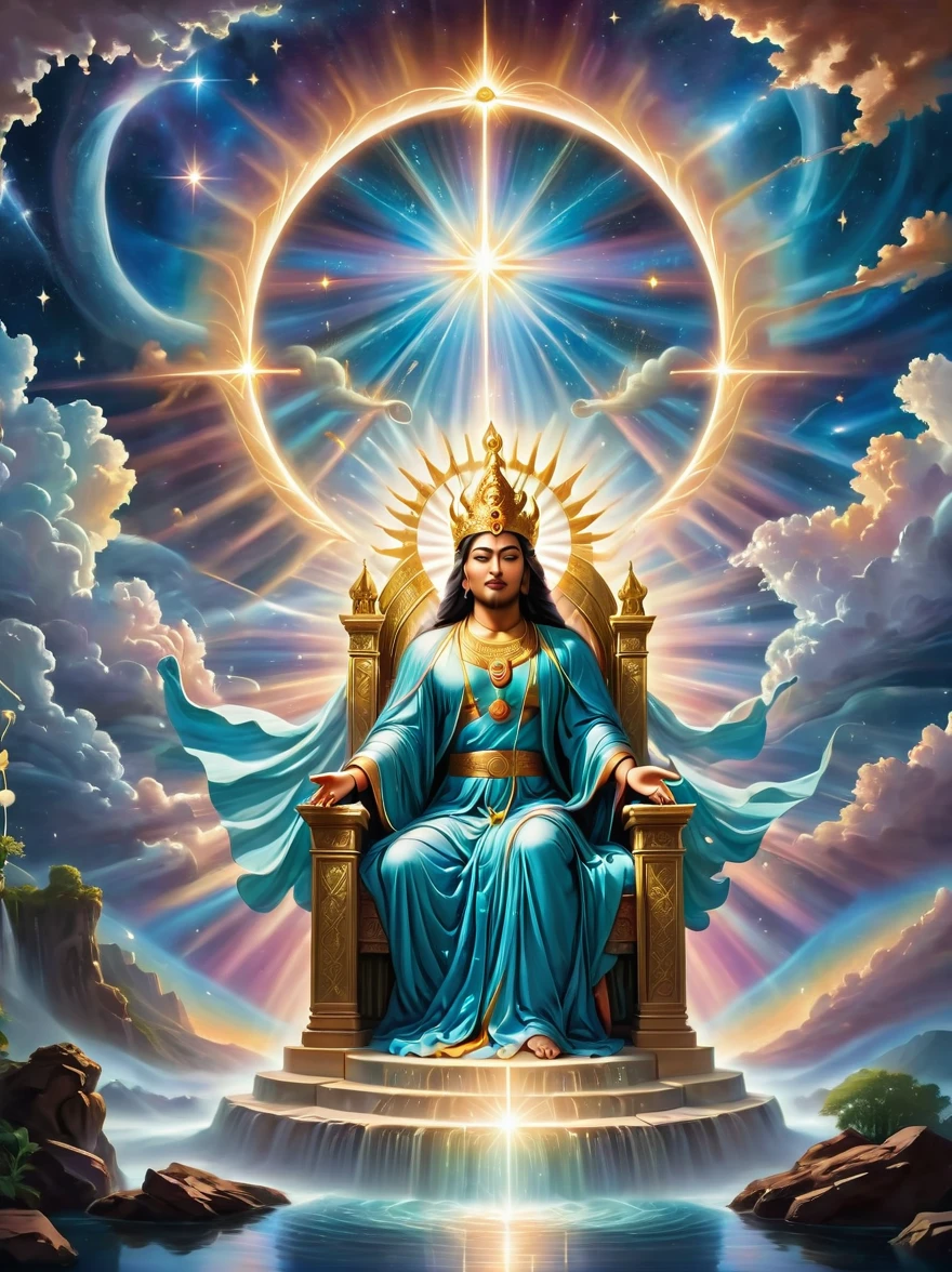 An illustrative portrayal of a divine figure seated on a majestic throne in a celestial setting, symbolizing the concept of the divine in spiritual traditions. From the figure's mouth, envision a river of radiant life energy flowing forth, illustrating the concept of divine wisdom or 'word'. The image should be rich with celestial hues and imbued with an ethereal light that emphasizes the otherworldly atmosphere.