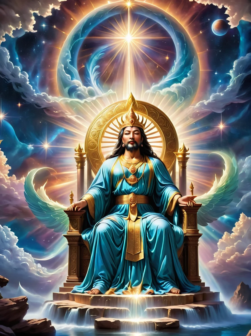 An illustrative portrayal of a divine figure seated on a majestic throne in a celestial setting, symbolizing the concept of the divine in spiritual traditions. From the figure's mouth, envision a river of radiant life energy flowing forth, illustrating the concept of divine wisdom or 'word'. The image should be rich with celestial hues and imbued with an ethereal light that emphasizes the otherworldly atmosphere.