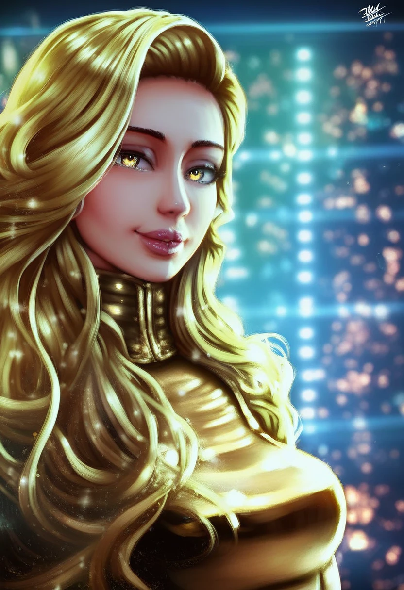 1girl, beautiful detailed eyes, beautiful detailed lips, extremely detailed face, golden long hair, yellow eyes, golden imperial dress, high collar, anime, clear blue sky background, shimmering lights, dynamic angle, arrogant smile, best quality, 4k, 8k, highres, masterpiece:1.2, ultra-detailed, realistic, photorealistic:1.37, HDR, UHD, studio lighting, ultra-fine painting, sharp focus, physically-based rendering, extreme detail description, professional, vivid colors, bokeh, portraits, anime